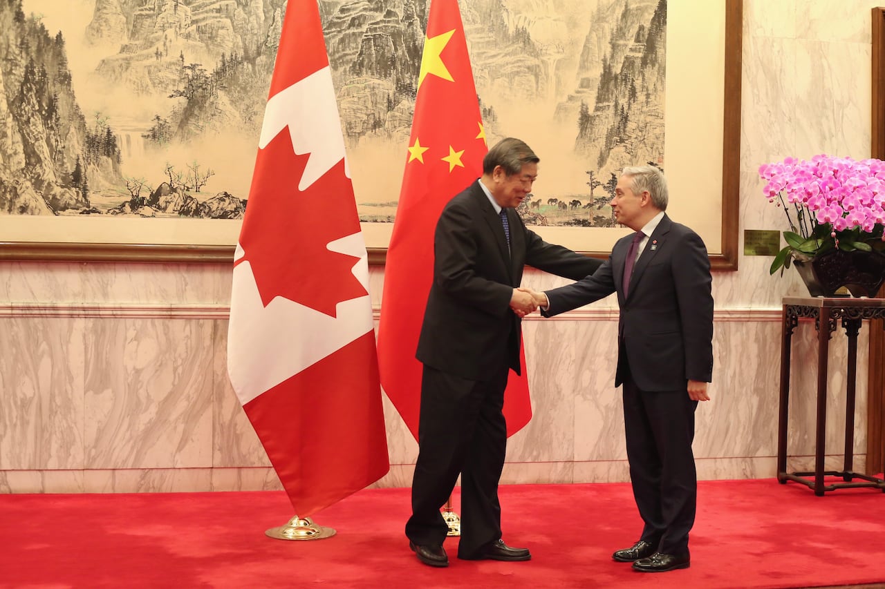 He Lifeng, Vice Premier of the People's Republic of China (left) shakes hands with Canada's Finance Minister François-Philippe Champagne