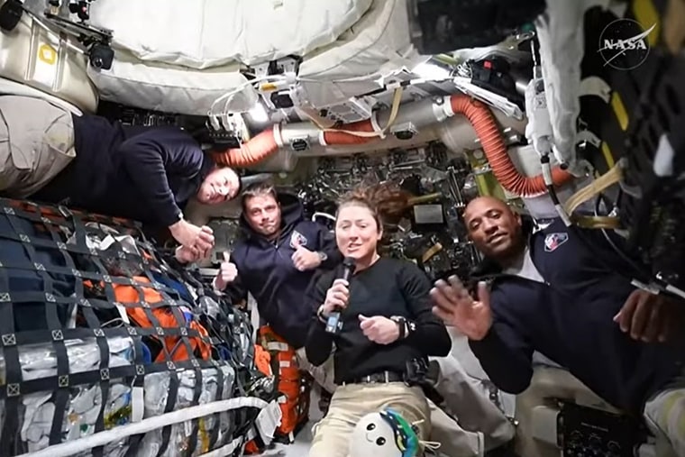 Artemis II crew members Jeremy Hansen, Reid Wiseman, Christina Koch, and Victor Glover answer questions from reporters during the first downlink event of their mission. April 2, 2026.