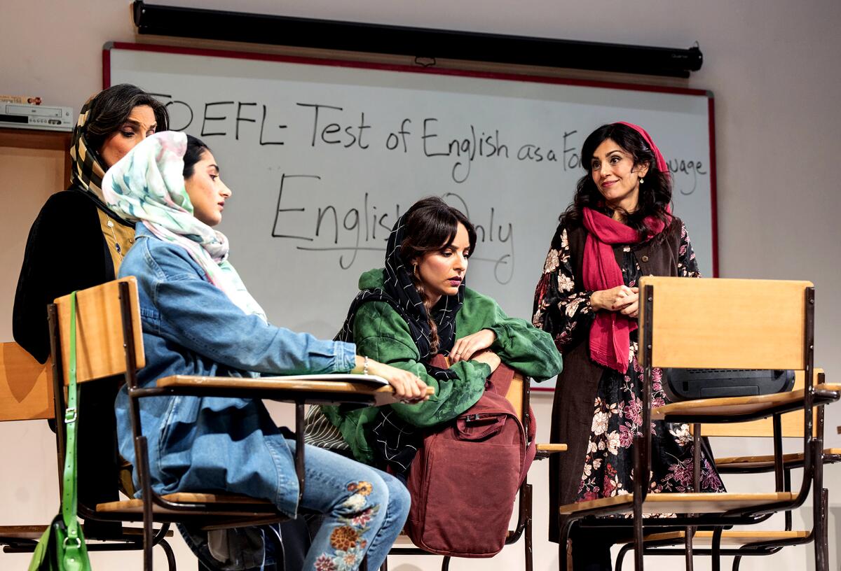 The cast of the play "English" by Sanaz Toossi at the Wallis.