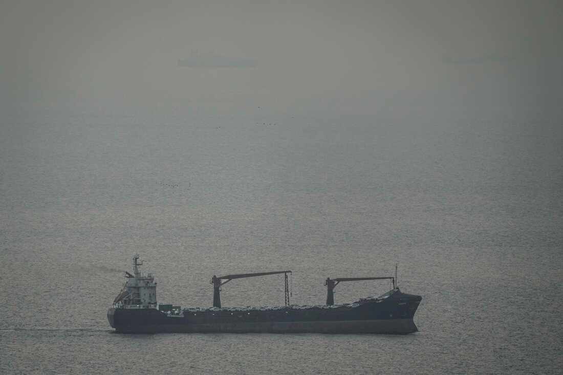 A cargo ship carrying vehicles sails through the Arabian Gulf toward the Strait of Hormuz in the United Arab Emirates, Sunday, March 22, 2026. 