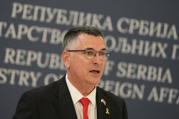 Israel's Foreign Minister Gideon Saar speaks during a press conference after talks with his Serbian counterpart Marko Djuric in Belgrade, Serbia, Sept. 30, 2025. (AP Photo/Darko Vojinovic, File)