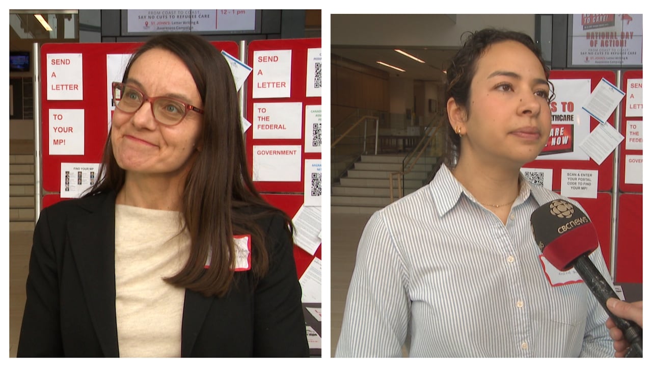 A collage photo of two women standing in front of a red poster board.