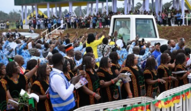 Pope arrives for Mass in Bamenda. Vatican Media