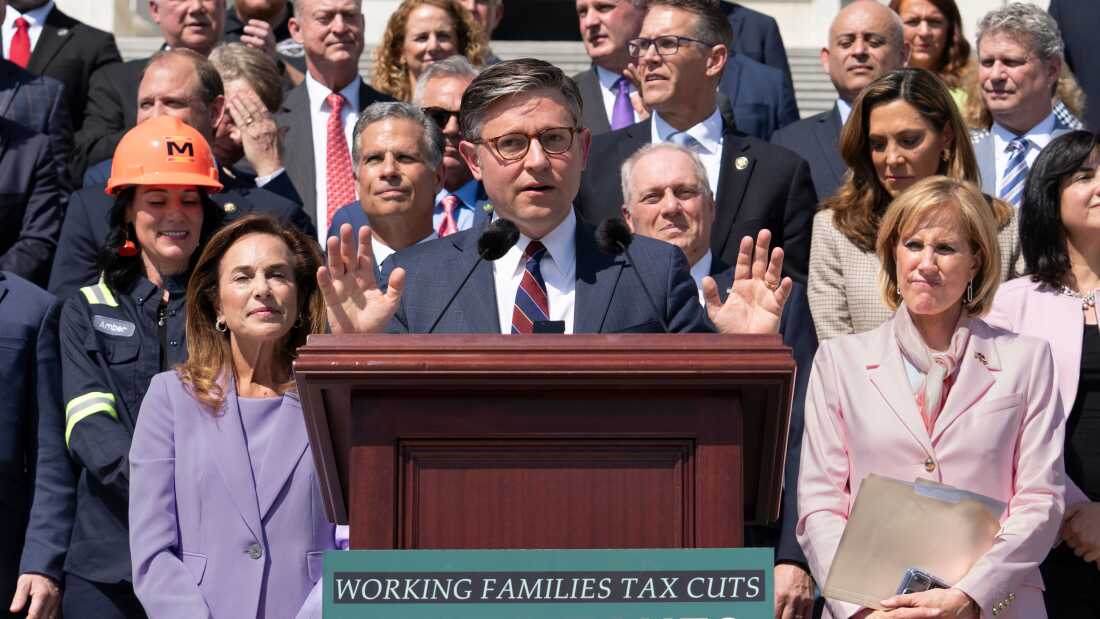 Speaker of the House Mike Johnson, R-La., and fellow Republicans celebrate GOP tax policies at an event outside the Capitol in Washington, Wednesday, April 15, 2026.