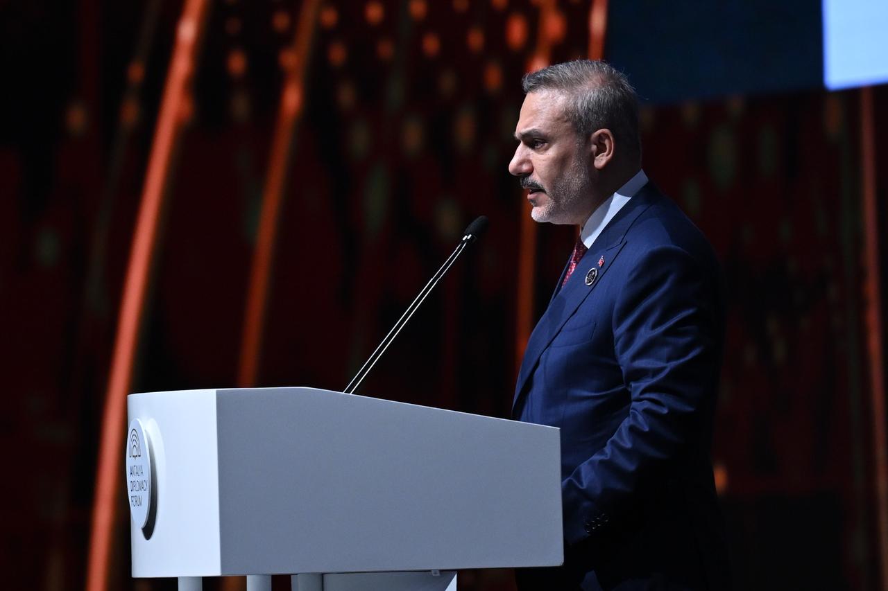 Turkish Foreign Minister Hakan Fidan delivers a speech at the official opening ceremony of the