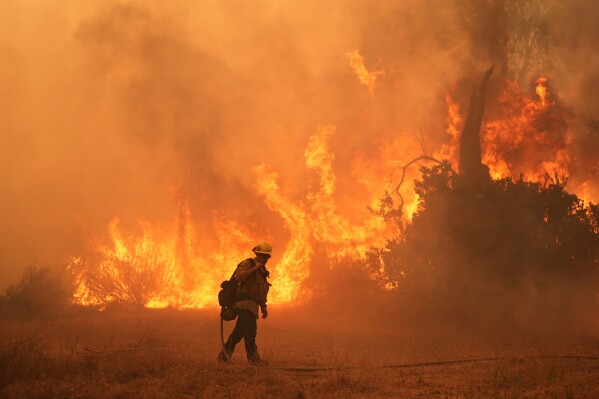 A firefighter battles the Canyon Fire on Aug. 7, 2025, in Hasley Canyon, Calif. (AP Photo/Marcio Jose Sanchez, File)