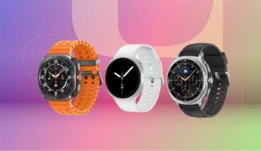 From left: Samsung Galaxy Watch 8 in orange, white and black bands against purple, pink and green CNET background.