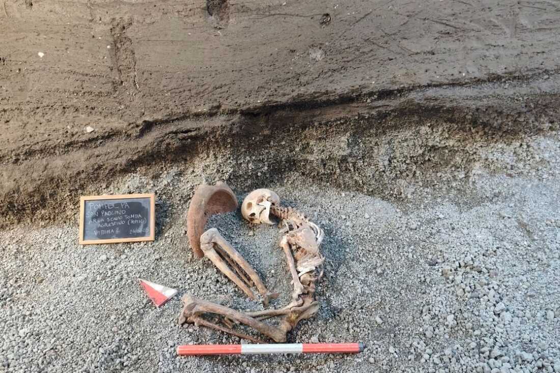 This image released by the Italian Culture Ministry on Monday, April 27, 2026, shows a victim of the AD 79 eruption of Mount Vesuvius, in the Pompeii archaeological area near Naples in southern Italy.