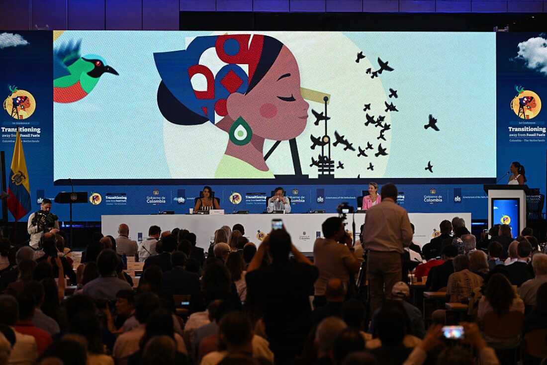 Colombia's President Gustavo Petro, Colombia's Environment Minister Irene Vélez Torres and Dutch Minister of Climate and Green Growth Stientje van Veldhoven attend the International Conference on the Just Transition Away from Fossil Fuels in Santa Marta, Colombia, on April 28, 2026.
