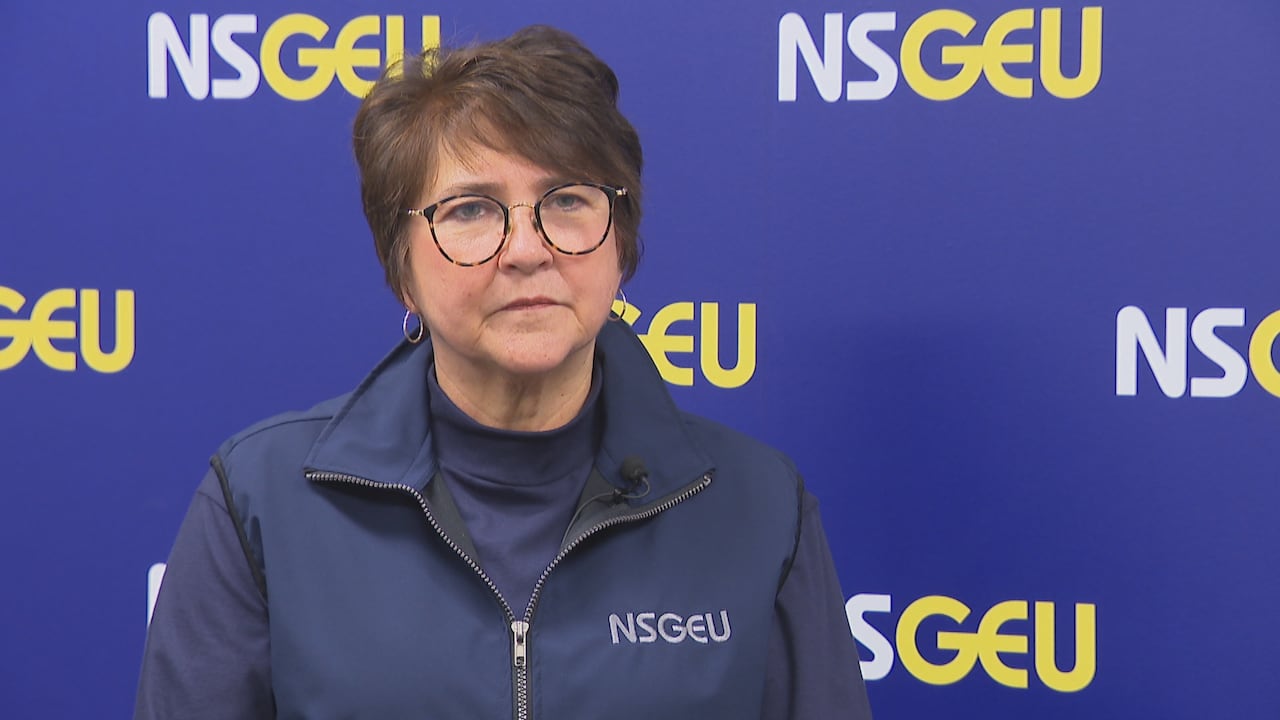 A woman in an NSGEU-branded vest stands in front of a backdrop with the NSGEU logo.