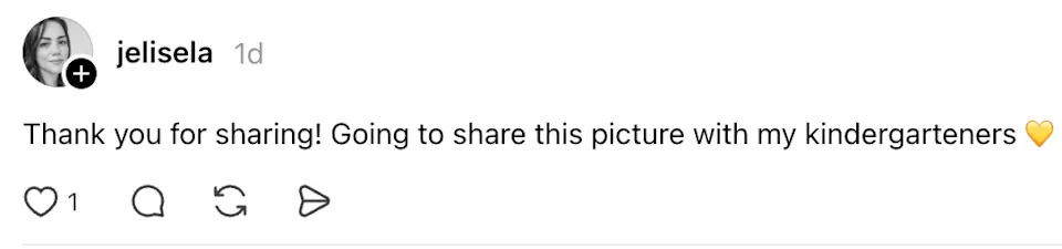 A social media comment reads, "Thank you for sharing! Going to share this picture with my kindergarteners," followed by a heart emoji