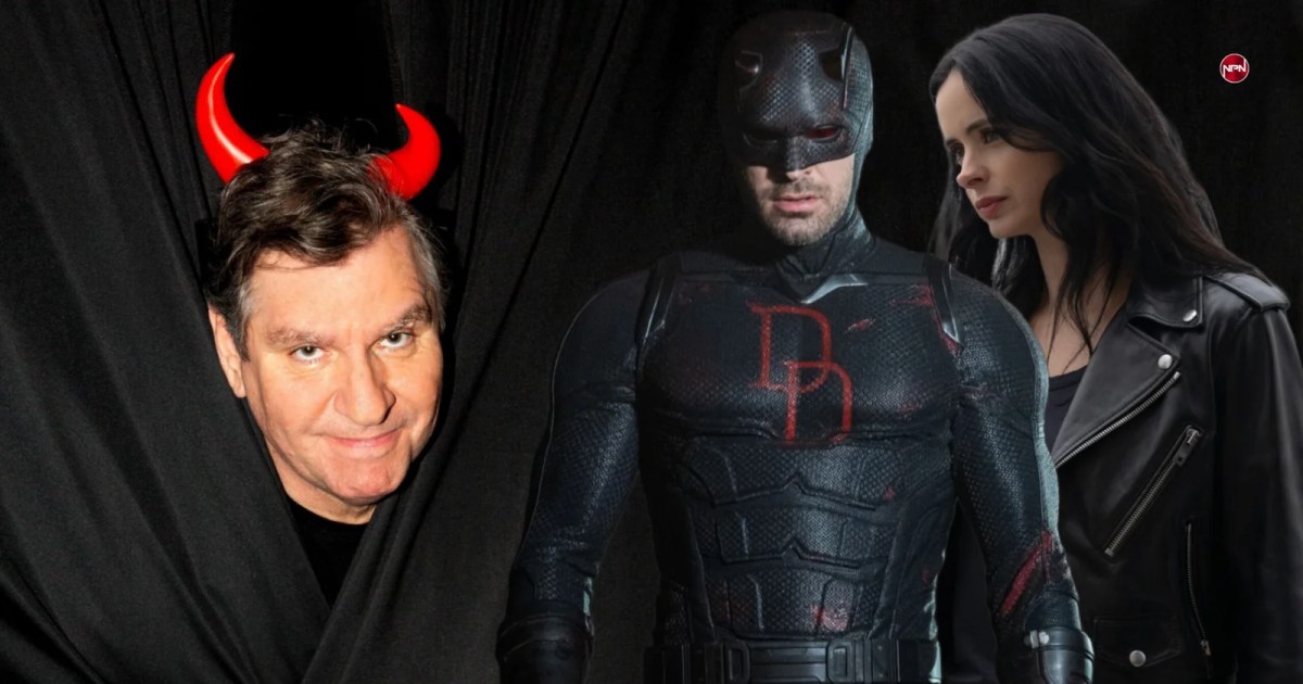 Dario Scardapane with devil horns peeking out of curtains. Charlie Cox as Daredevil and Krysten Ritter as Jessica Jones are on the right side.