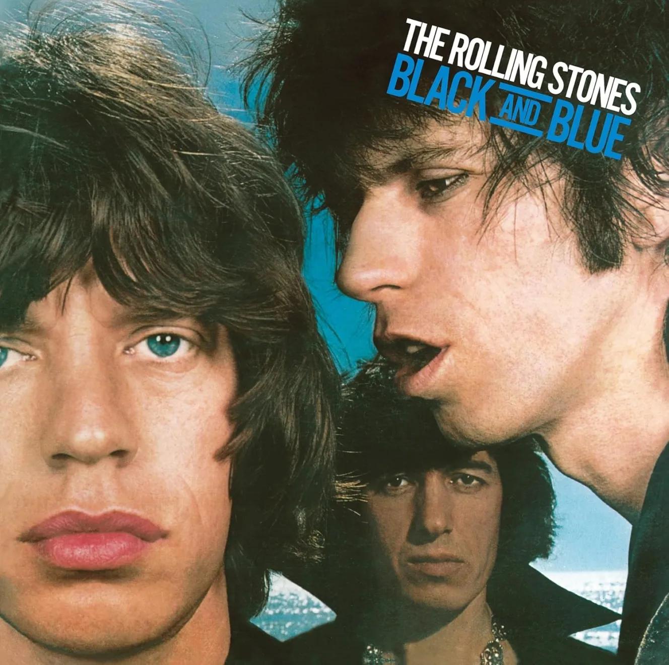 Album art for The Rolling Stones' "Black and Blue" reissue, featuring three band members.