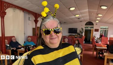 A woman in a fancy dress bee outfit and black and yellow sunglasses smiles at the camera, behind her are a group of elderly people sitting in chairs at a day centre.