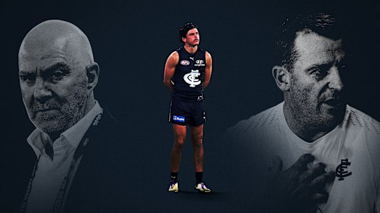 From left: Carlton CEO Graham Wright, Elijah Hollands and coach Michael Voss.
