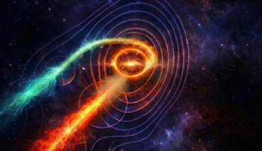 Supermassive black holes: Diagram: Long, flaming jets. One goes straight out from the center; the other spirals around the center.