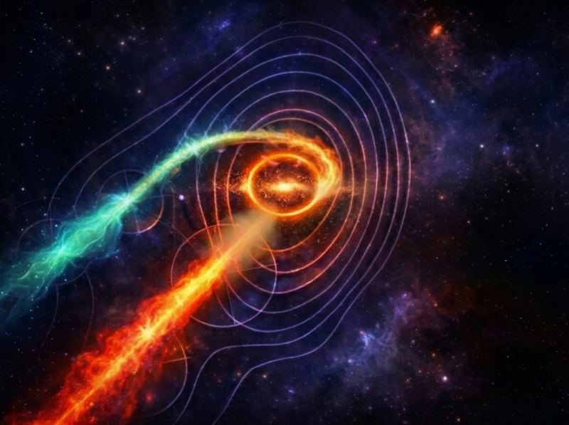 Supermassive black holes: Diagram: Long, flaming jets. One goes straight out from the center; the other spirals around the center.