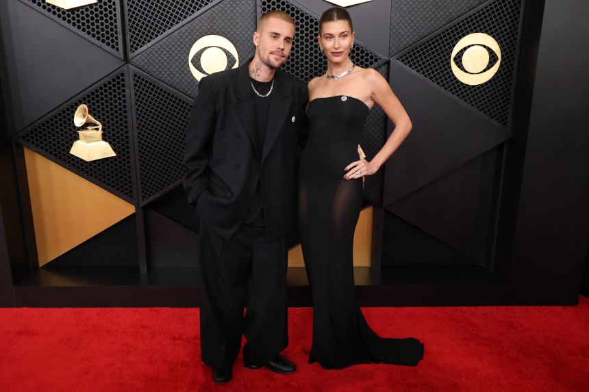 (From left) Justin Bieber and Hailey Bieber on the 2026 Grammys red carpet in Los Angeles.
