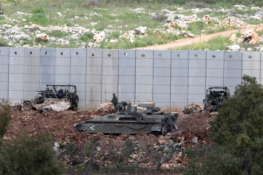 Israeli military vehicles at the border with Lebanon