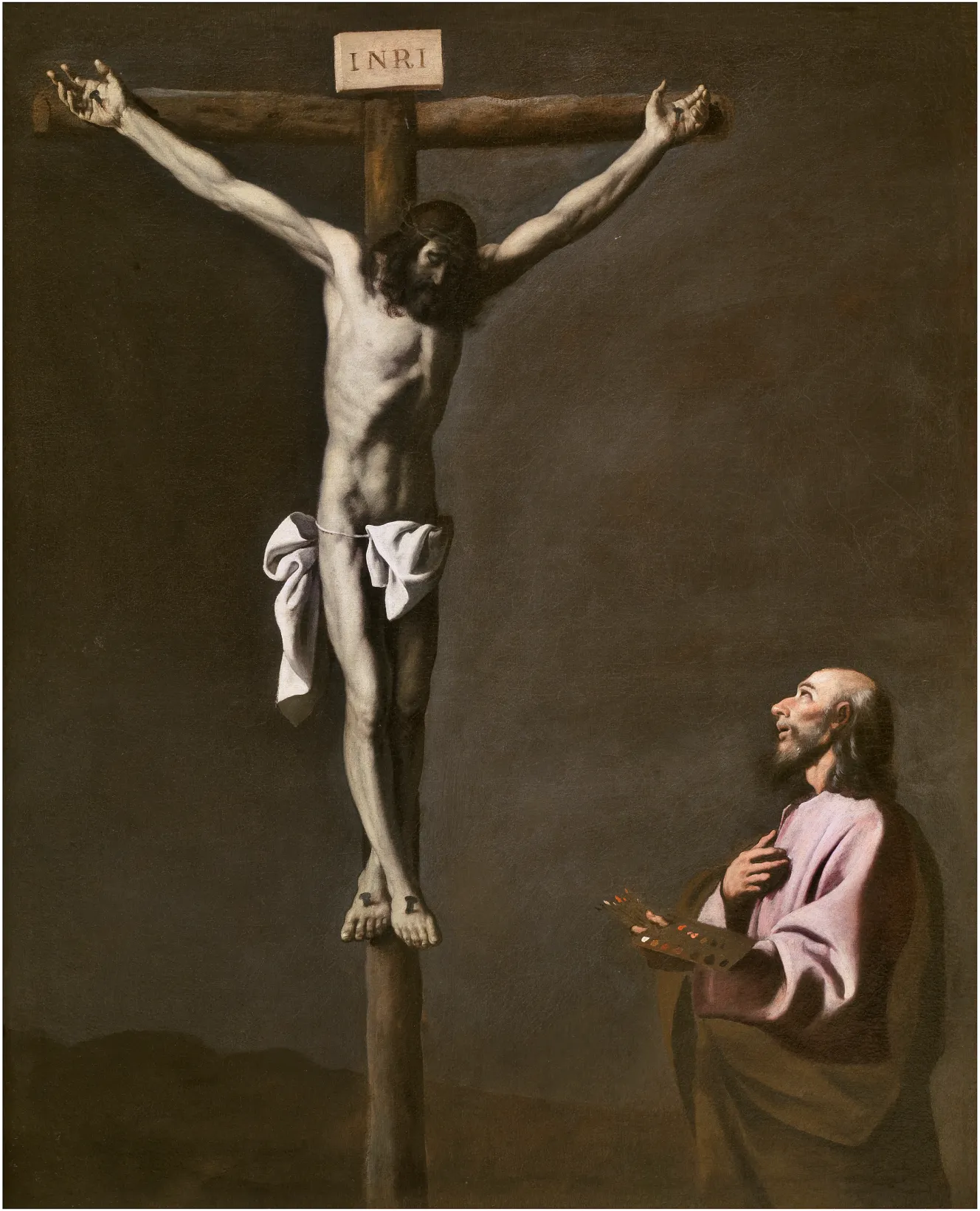 Oil painting titled "The Crucified Christ with a Painter" by Francisco de Zurbarán, depicting Christ on the cross and a painter with a palette looking up at him.