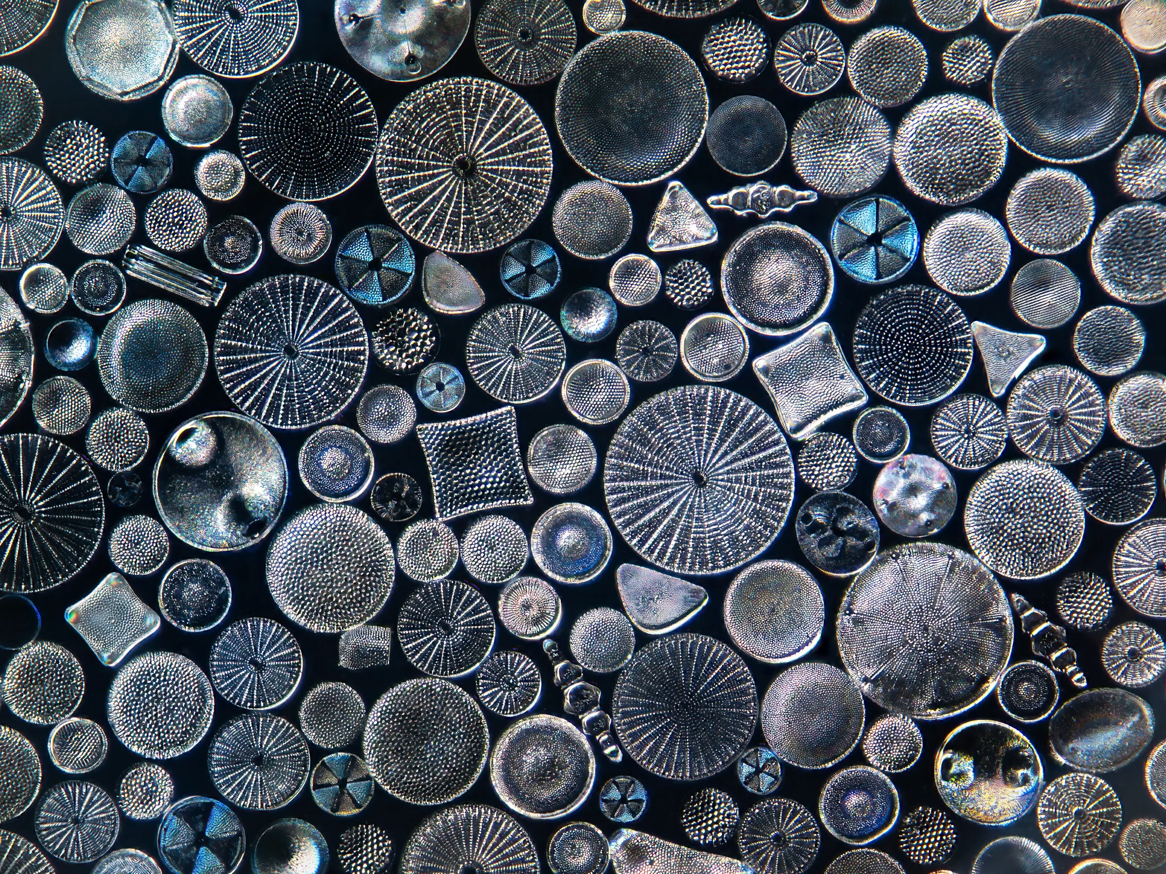 Microscopic image showing various diatoms, which are tiny algae with intricate glass-like shells.