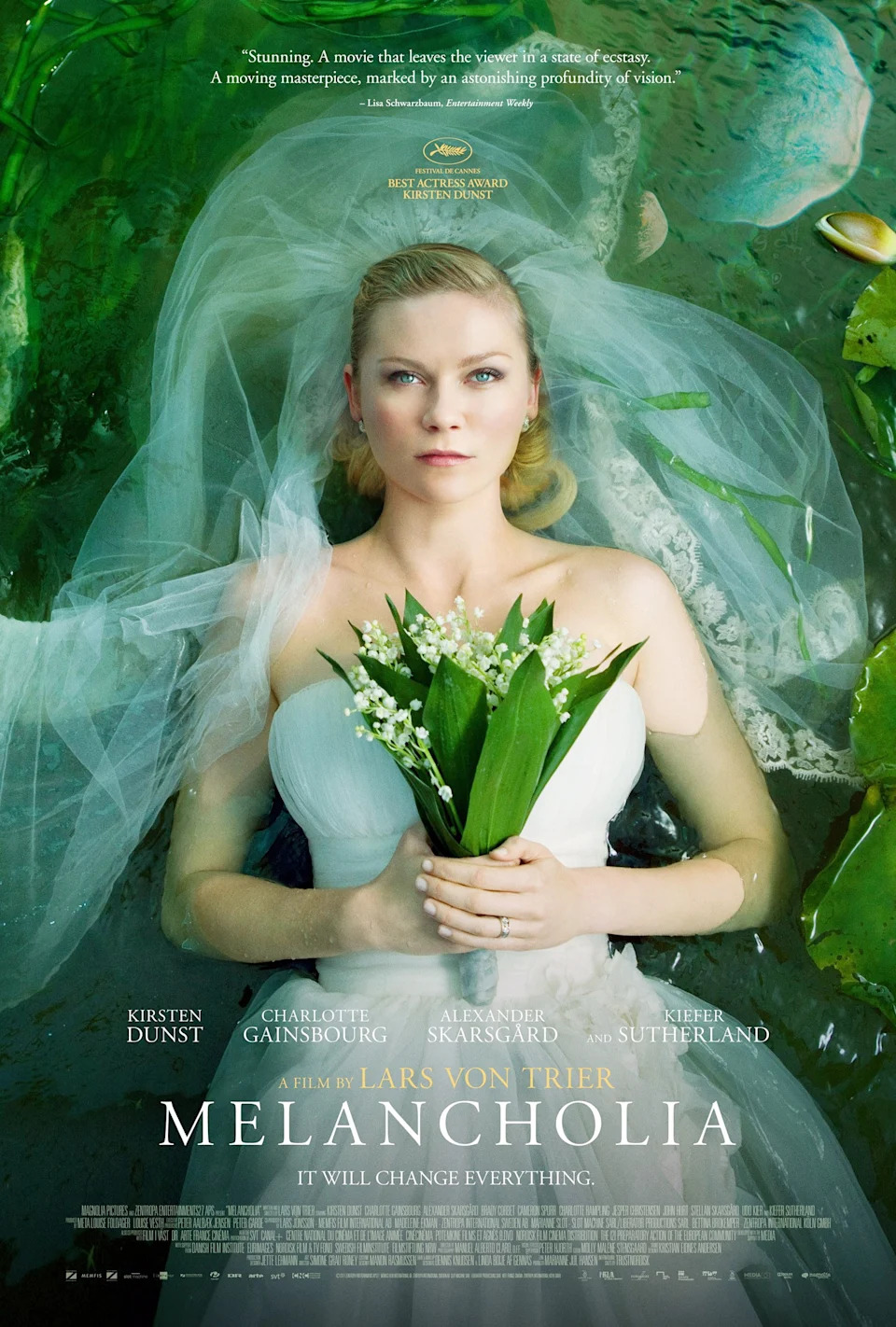 Movie poster for "Melancholia" featuring a woman in a white dress holding flowers, surrounded by text with cast and movie details