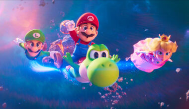 L to R: Luigi (Charlie Day), Mario c(Chris Pratt), Yoshi (Donald Glover) and Princess Peach (Anya Taylor-Joy) in Nintendo and Illumination’s The Super Mario Galaxy Movie, directed by Aaroan Horvath and Michael Jelenic.