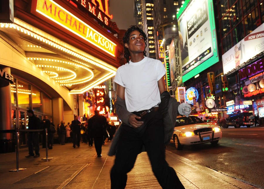 Jordan Neely dressed as Michael Jackson outside a movie theater in Times Square.