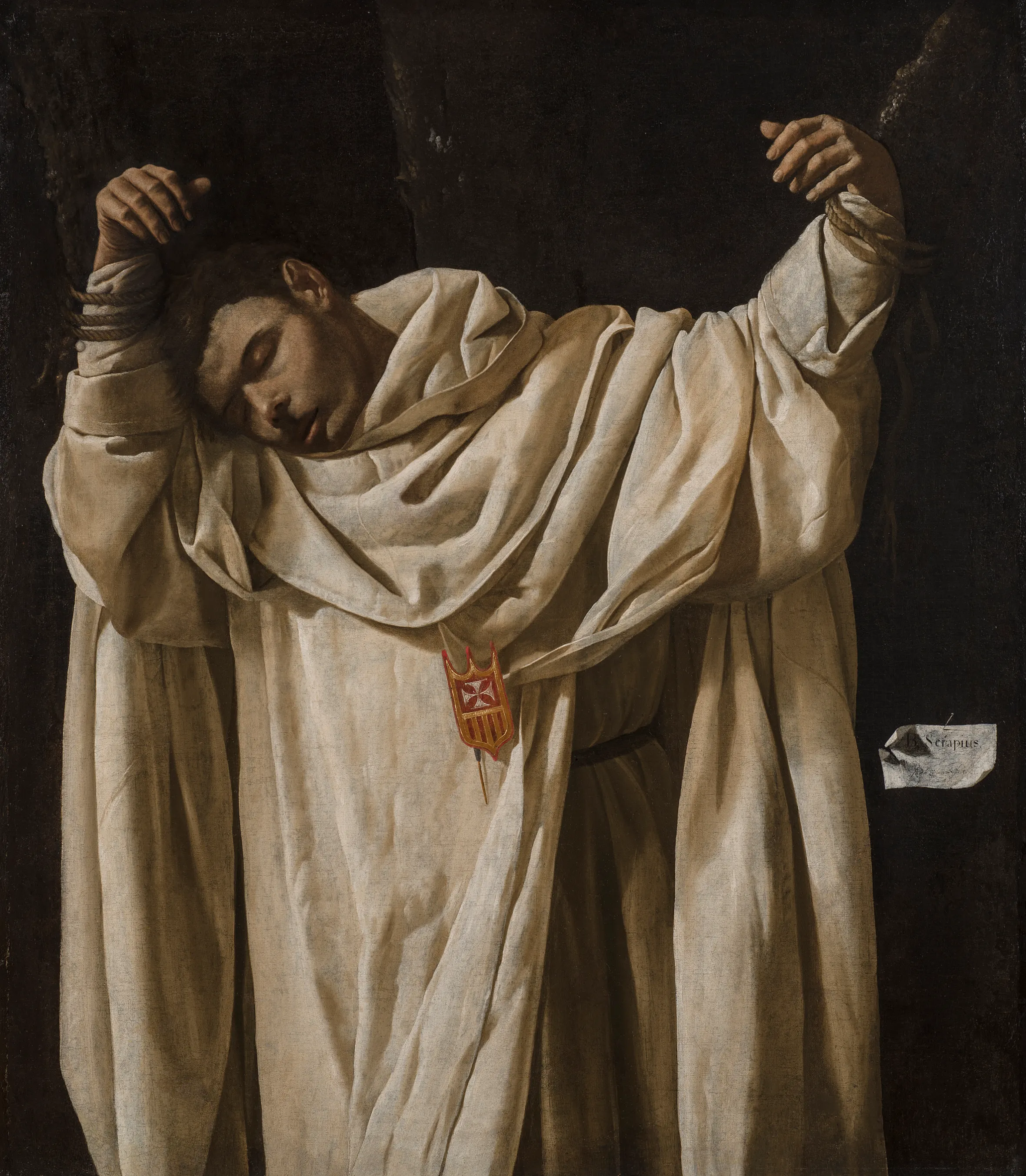 Painting of Saint Serapion, a monk in white robes, with arms bound above his head, and head lolled to the side.