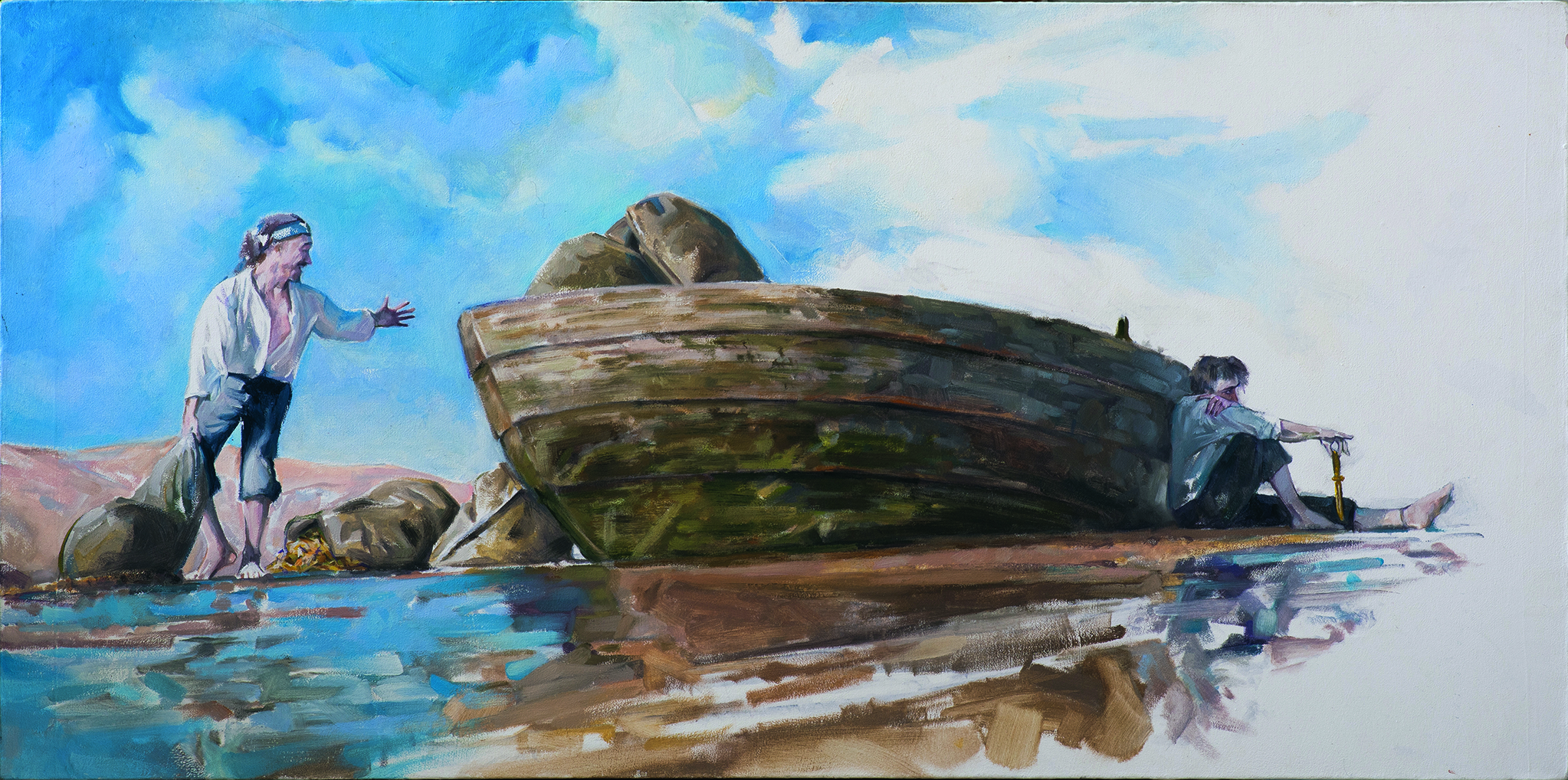 Fantasy art made with oil paints showing a boat and fishermen