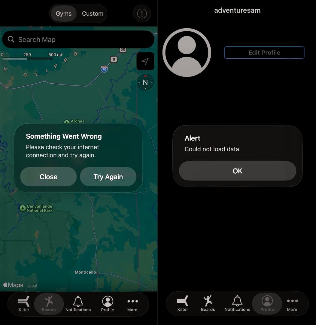 Two iPhone screenshots, one showing a map with an error message and another showing a blank profile page with an error message