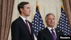 Jared Kushner and Steve Witkoff listen as Vice President JD Vance speaks after talks with Iranian officials in Islamabad, Pakistan, April 12