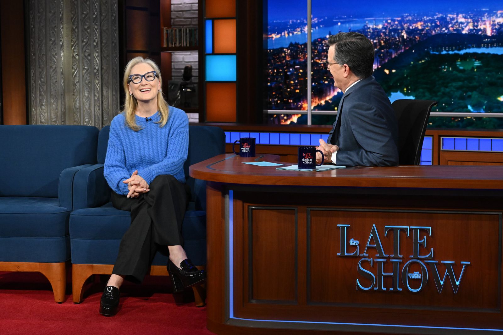 Image may contain Meryl Streep Stephen Colbert Conversation Person Adult Interview Clothing Footwear and High Heel