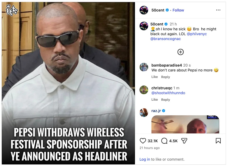 Kanye West wearing sunglasses, with text about Pepsi withdrawing sponsorship from Wireless Festival after he was announced as headliner.