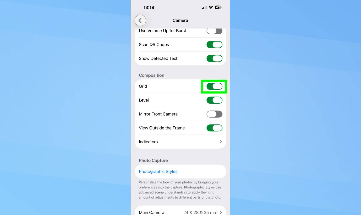 Grid highlighted in iPhone Camera Settings