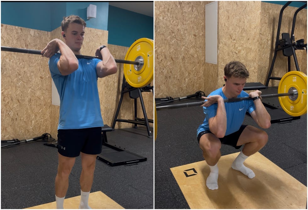 demonstration of a front squat exercise in a gym setting