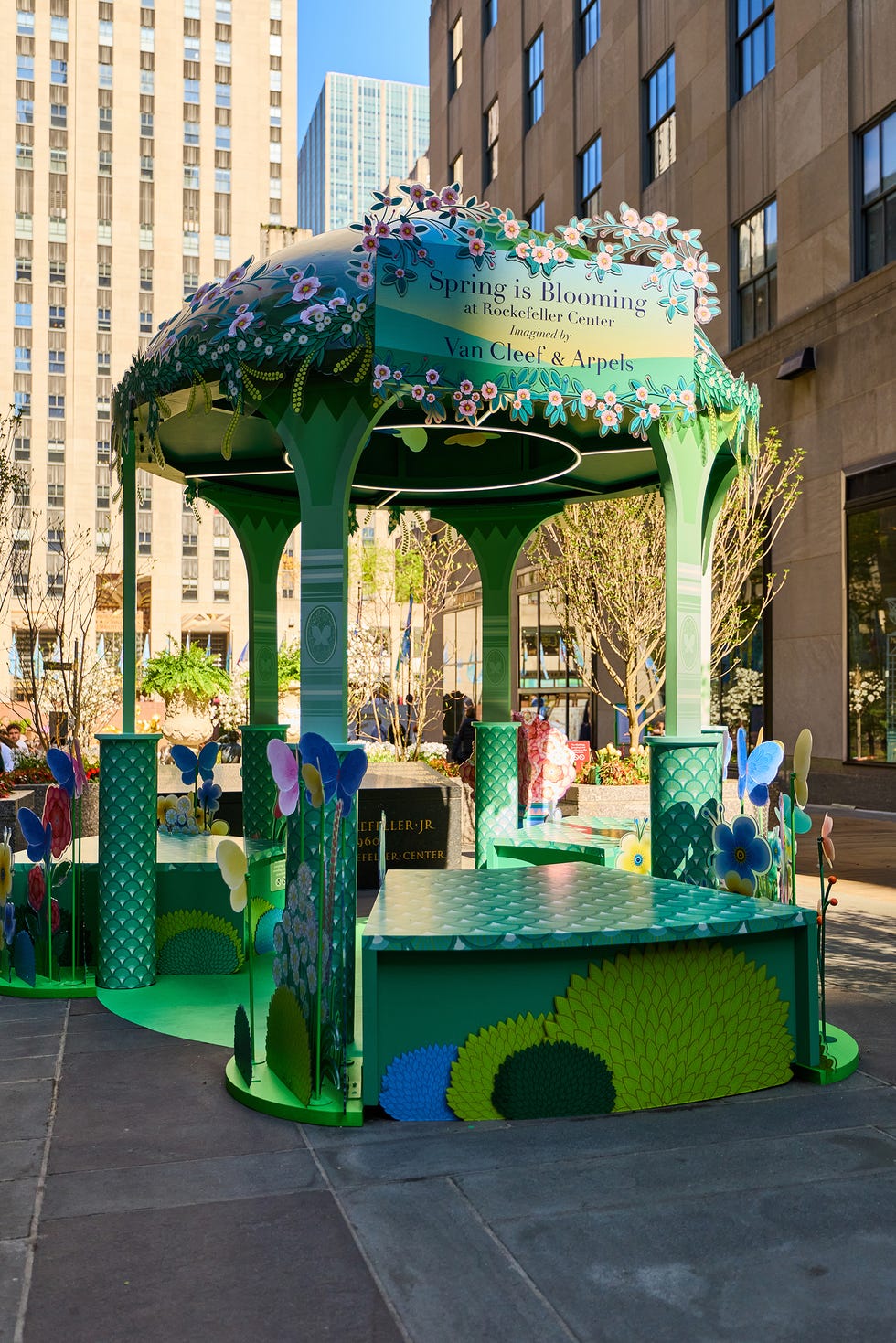 Decorative green gazebo celebrating spring at Rockefeller Center.