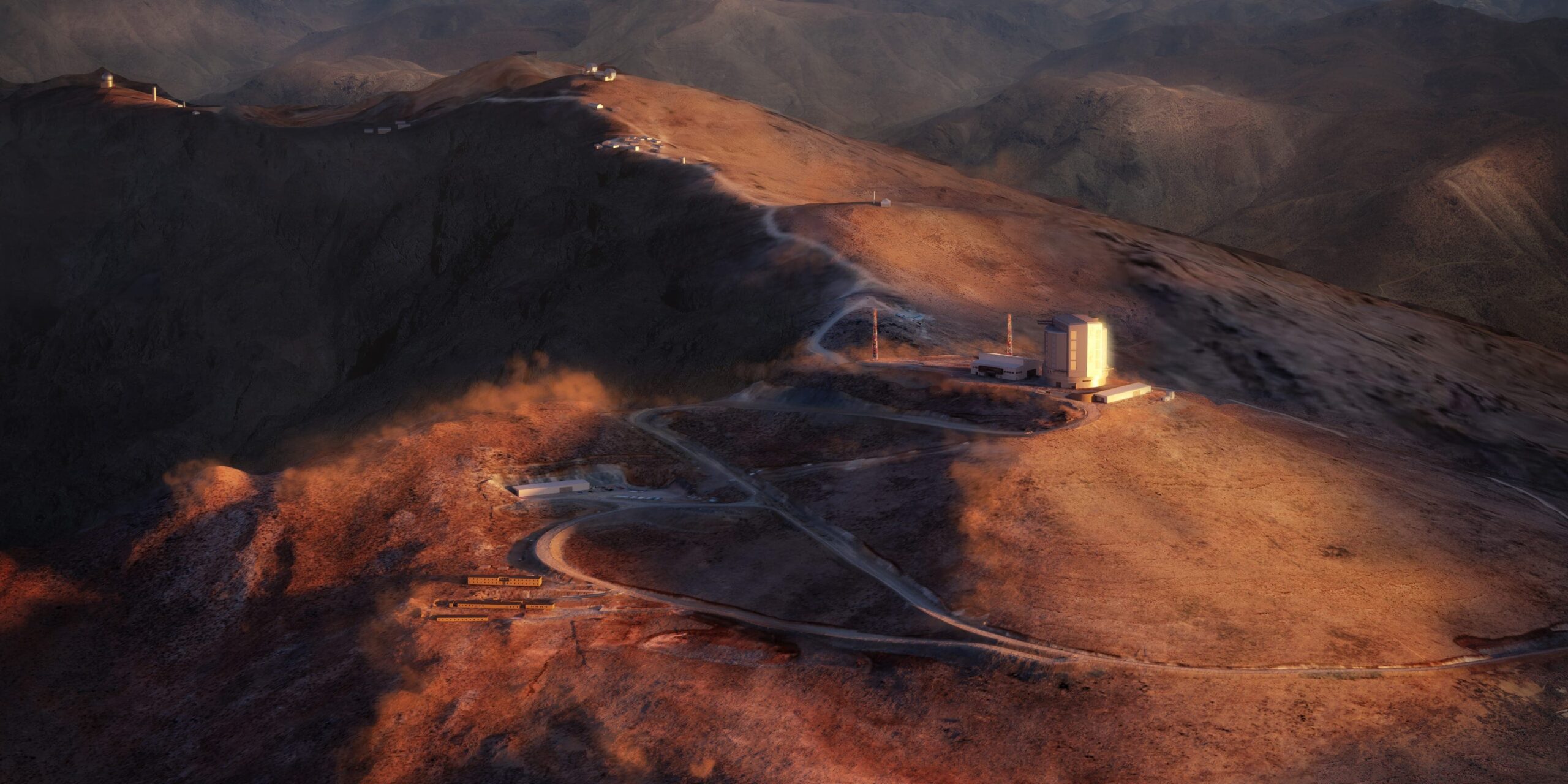 A rendering of a structure on top of a beautiful brown mountain range.