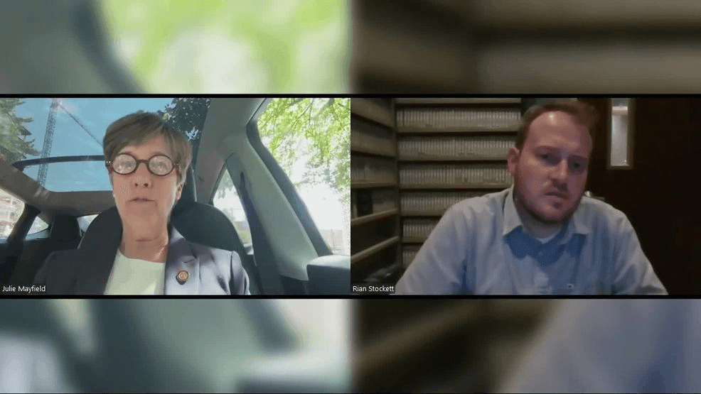 APRIL 24, 2026 - North Carolina state Sen. Julie Mayfield talks with News 13’s Rian Stockett about a proposal she presented during an HCA Healthcare shareholder meeting calling for an impact report and more transparency. (Photo: WLOS staff)