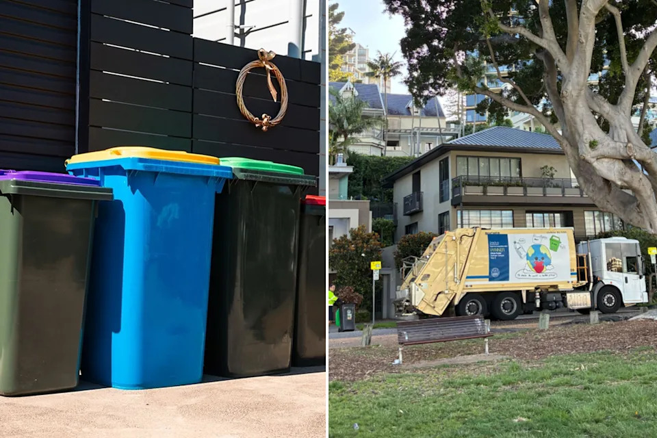 Left: Purple, yellow, green and red bins side by side. Right: Garbage truck collects waste. 