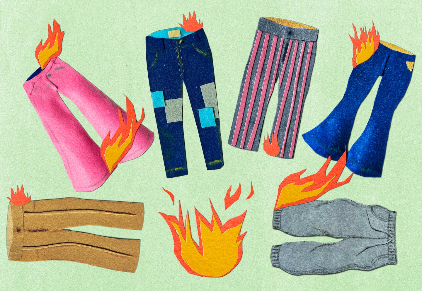 Felt illustration of different pants on fire