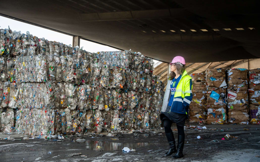 Recycling product at Auckland Material Recovery Facility baled up to be sold and made into new products.