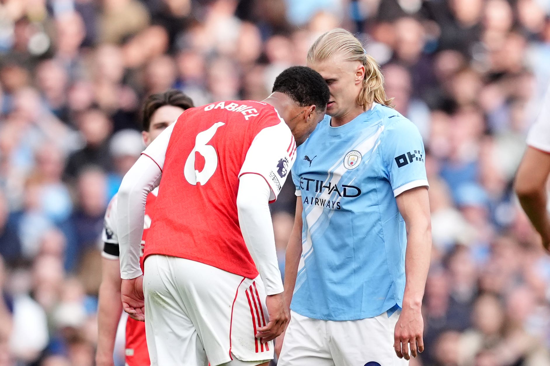Tempers frayed between Arsenal’s Gabriel (left) and Manchester City’s Erling Haaland at the Etihad Stadium (Martin Rickett/PA)