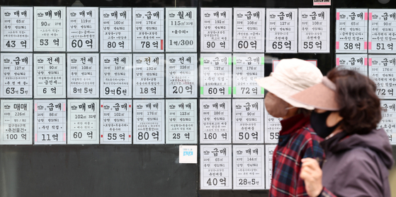 People walk past quick-sale notices posted at a real estate office in Gangnam District, southern Seoul, on March 30. [NEWS1]