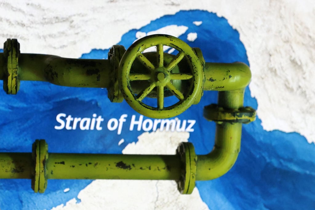An illustration shows a map of the Strait of Hormuz – a key artery that carries at least a fifth of the world’s crude oil shipments – and a 3D printed oil pipeline. Photo: Reuters