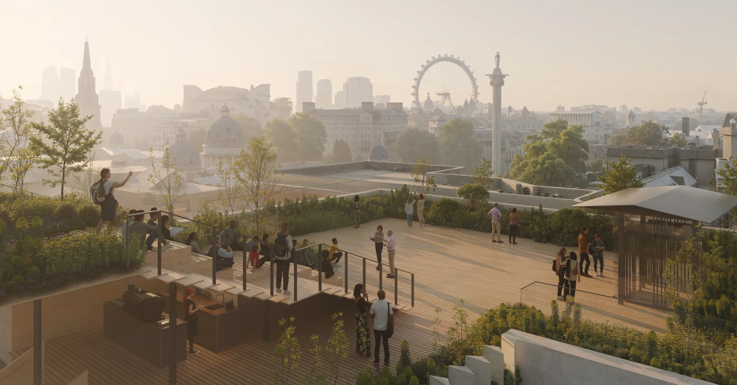 Illustration of the National Gallery's new rooftop terrace and the London skyline.