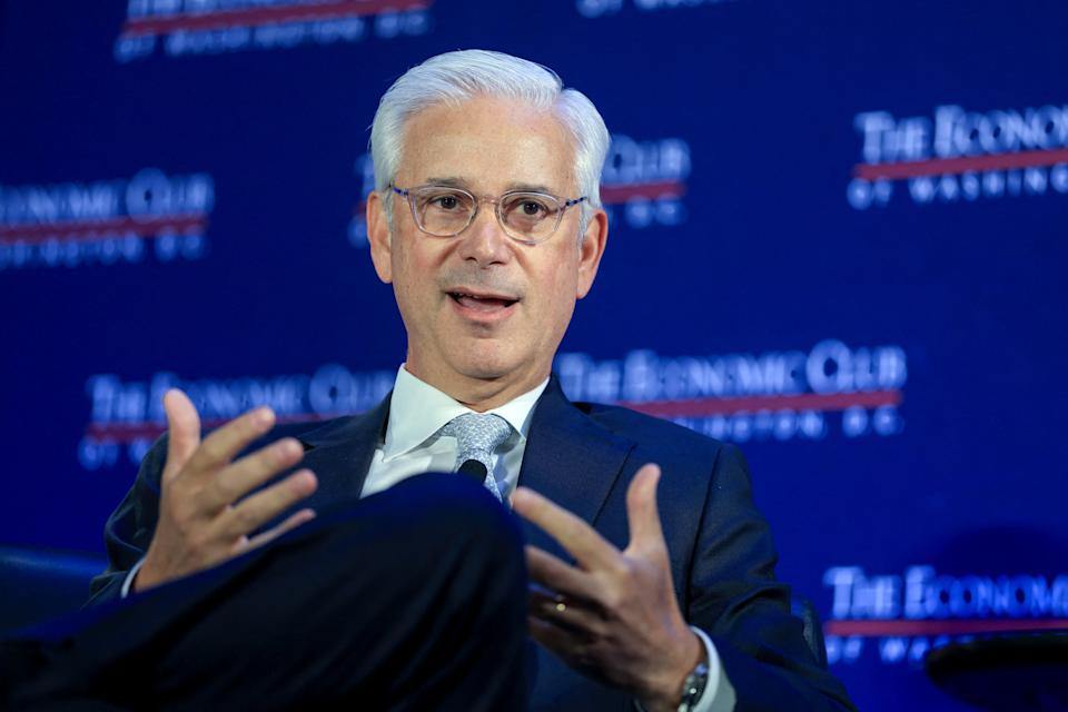 Wells Fargo CEO Charlie Scharf is interviewed by David Rubenstein, Chairman of the Economic Club of Washington D.C., (not picutred) during an event in Washington, D.C., U.S., April 20, 2026. REUTERS/Evelyn Hockstein