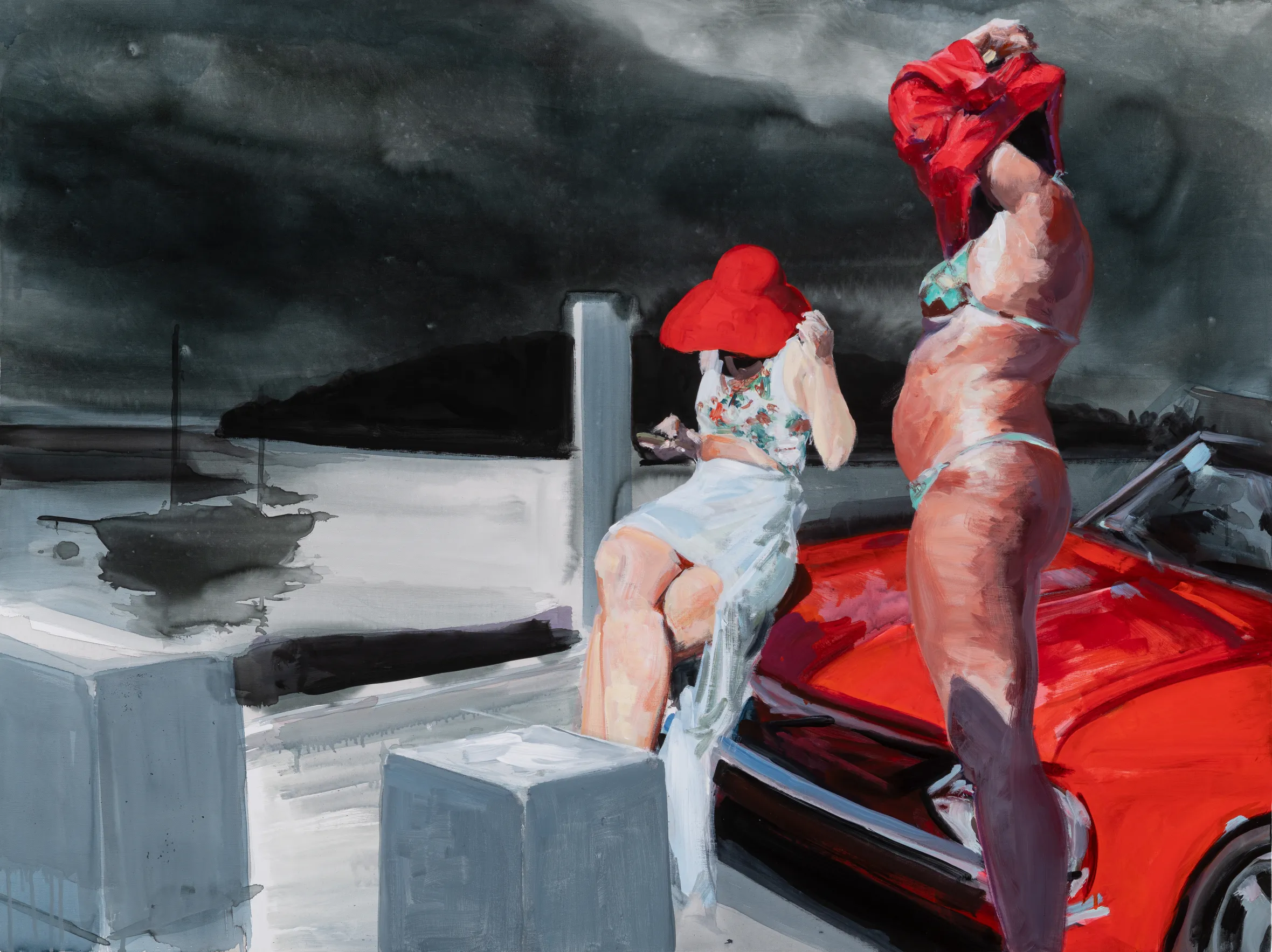 Illustration of two women on a dock next to a red car under a dark sky, one in a bikini taking off a red shirt, the other seated wearing a white dress and red hat.