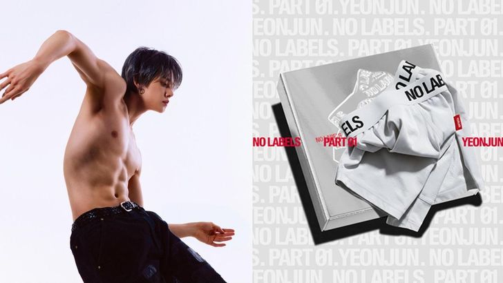 TXT’s Yeonjun, left, and the trunk shorts included in his solo album “NO LABELS: PART 01” / Courtesy of BigHit Music