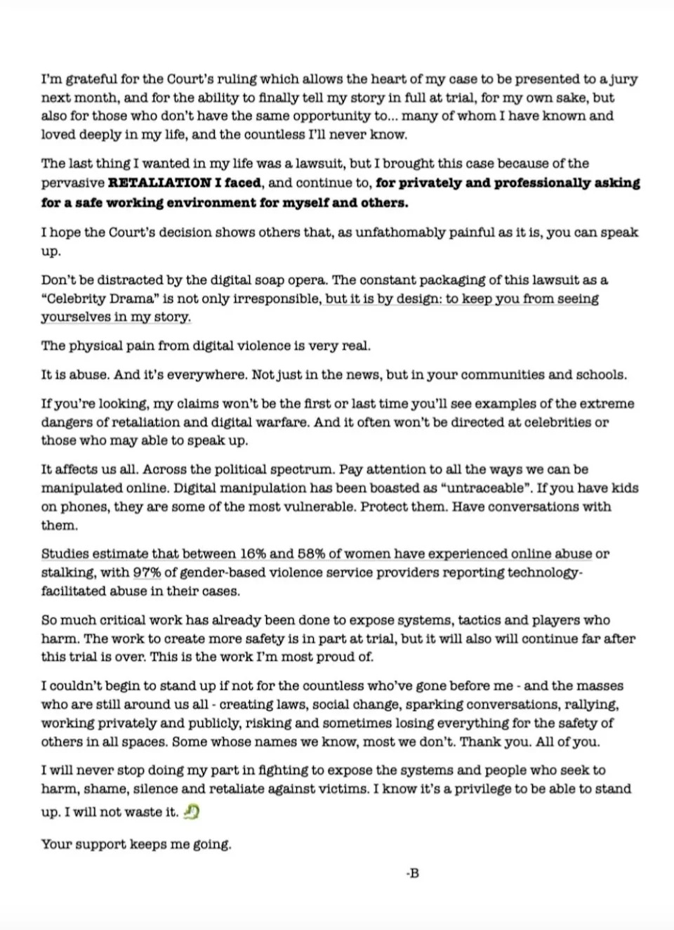 The image is a typed letter from "B" discussing a court ruling allowing a jury trial. It addresses workplace privacy, safety, and the dangers of retaliation